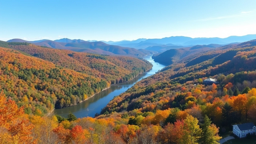 Scenic Upper Valley landscape showing Connecticut River winding through forested valley with mountains in distance, fall colors on trees, hiking trail visible through woods, peaceful residential area nearby