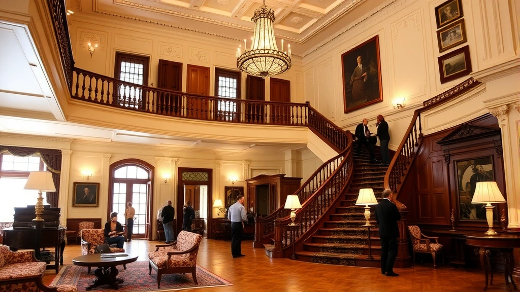 Historic Victorian hotel lobby with grand staircase, ornate railings, vintage chandelier, period furniture, well-maintained hardwood floors, professional lighting, no visible text or signage, guests in modern clothing
