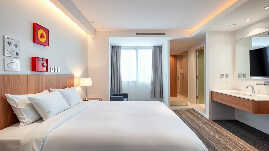 Modern hotel room interior showing updated fire safety equipment, contemporary bedding, clean linens, working lighting fixtures, accessible bathroom, bright natural light from windows, professional housekeeping standards