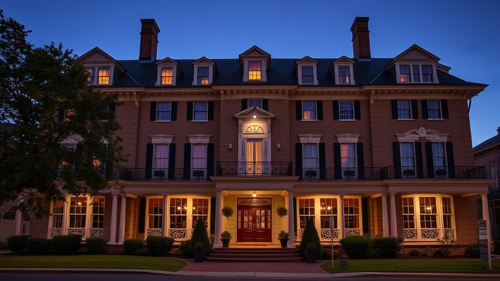 Historic hotel exterior at dusk showing well-maintained facade, proper exterior lighting, clear entrance, manicured grounds, no visible damage or deterioration, professional appearance, residential architectural style