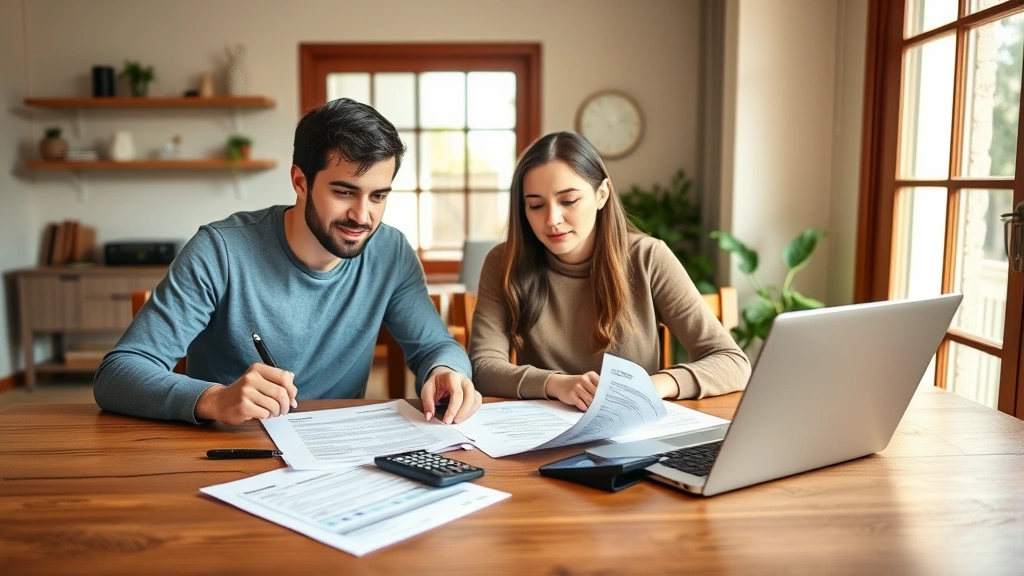 Young couple reviewing financial documents and mortgage papers at wooden dining table with laptop and calculator, natural sunlight through window, focused expressions, cozy home office setting