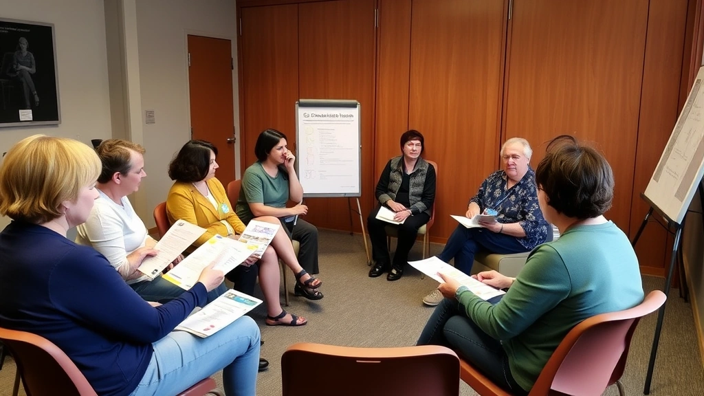 Diverse group of people at community housing workshop, seated in circle, reviewing pamphlets and documents together, facilitator presenting information on whiteboard, supportive collaborative atmosphere