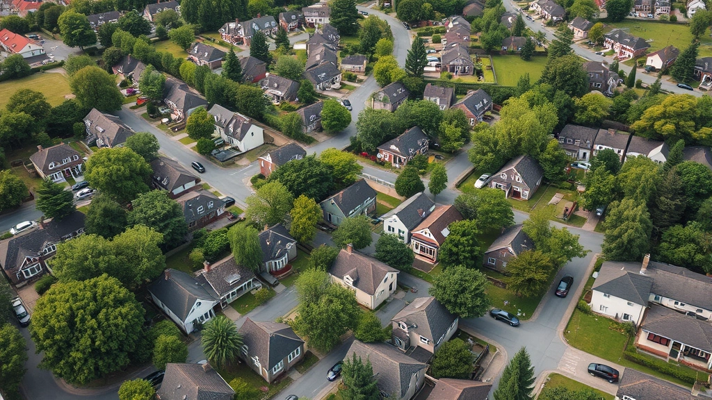 Overhead view of residential neighborhood with mix of single-family homes, tree-lined streets, parked cars, green yards, showing variety of architectural styles and community spaces