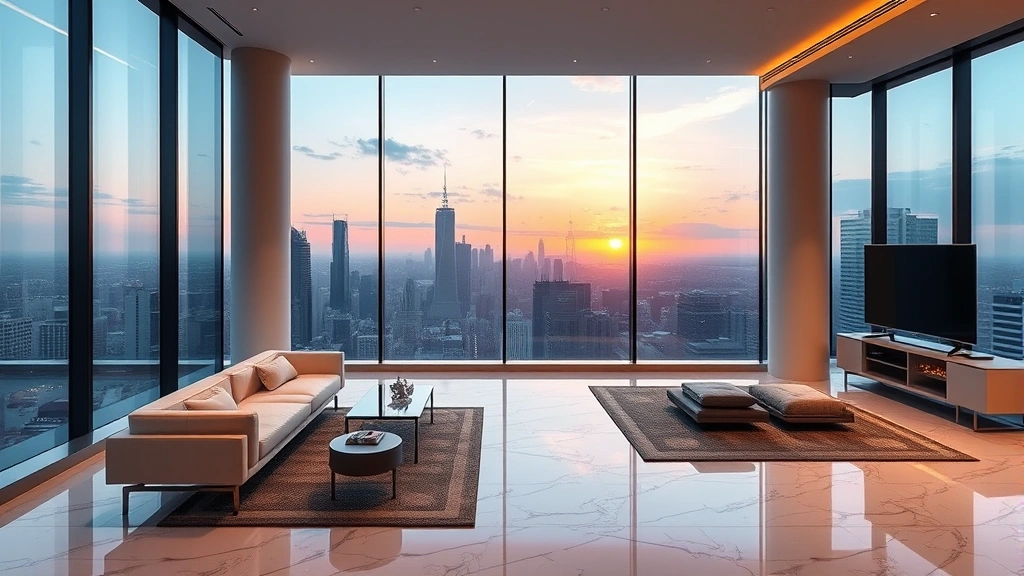 Modern penthouse interior with floor-to-ceiling windows overlooking city skyline, minimalist furniture, marble flooring, and dramatic lighting during sunset