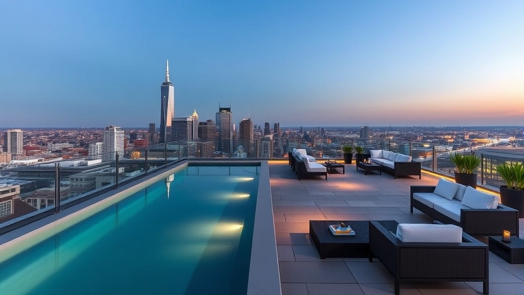 Luxury penthouse rooftop terrace with infinity pool, lounge seating, city views, and sophisticated outdoor furnishings without any visible signage