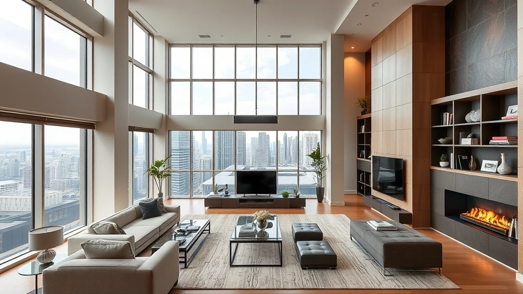 Contemporary penthouse living room with high ceilings, luxury finishes, built-in shelving, designer furniture, and expansive panoramic windows showing urban landscape