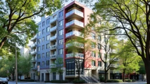 Modern apartment building exterior with diverse architectural style, tree-lined street, natural lighting, residential neighborhood setting, no signage or text visible