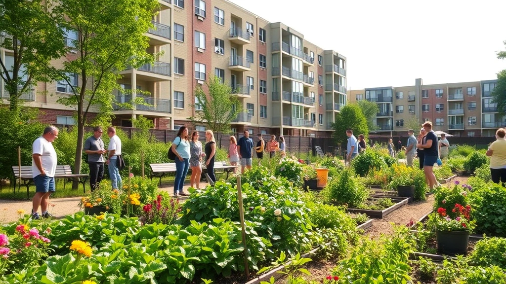 Community garden near residential buildings, neighbors socializing outdoors, green space with flowers and vegetables, apartment complex in background, daytime natural light, no identifying details