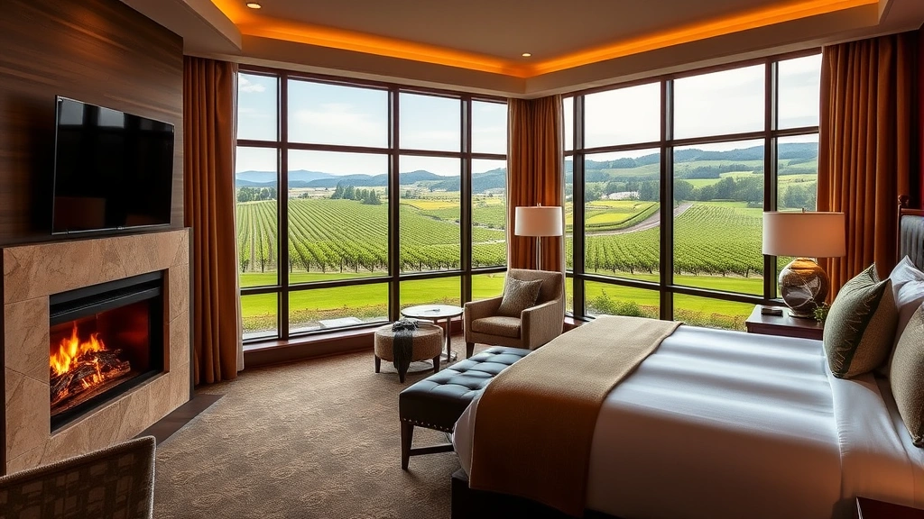 Luxury hotel suite interior with king bed, fireplace, and wine country vineyard views through large windows, warm lighting, elegant furnishings