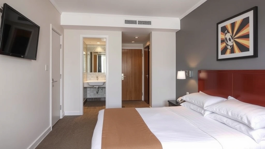 Mid-range hotel room with comfortable queen bed, modern bathroom visible, clean contemporary décor, welcoming ambiance with local artwork