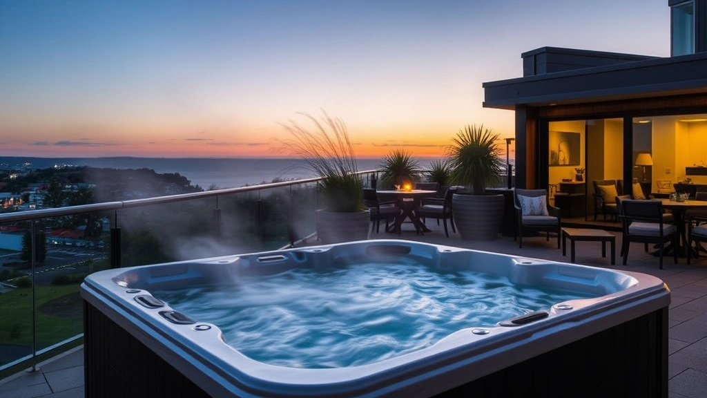 Outdoor hot tub on hotel terrace at dusk with steam rising, comfortable seating nearby, peaceful garden setting, warm evening lighting