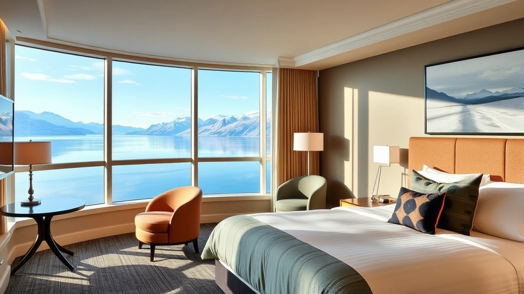Modern hotel room interior with large bay window overlooking Alaska coastline, comfortable bed with mountain views, contemporary furnishings, warm lighting, professional hospitality setting
