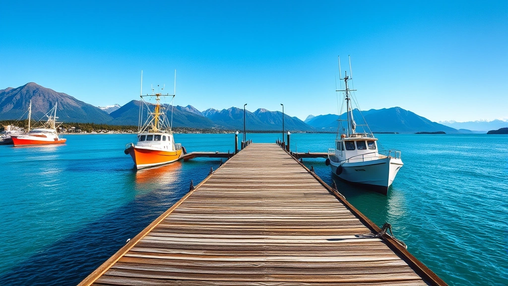Wooden dock extending into pristine Alaskan waters with fishing boats moored nearby, mountains in background, clear blue sky, morning light, authentic coastal atmosphere