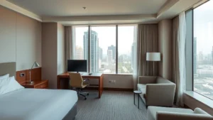 Modern hotel room interior with contemporary furniture, neutral tones, plush bedding, floor-to-ceiling windows overlooking urban cityscape, professional workspace desk with ergonomic chair, minimalist decor aesthetic