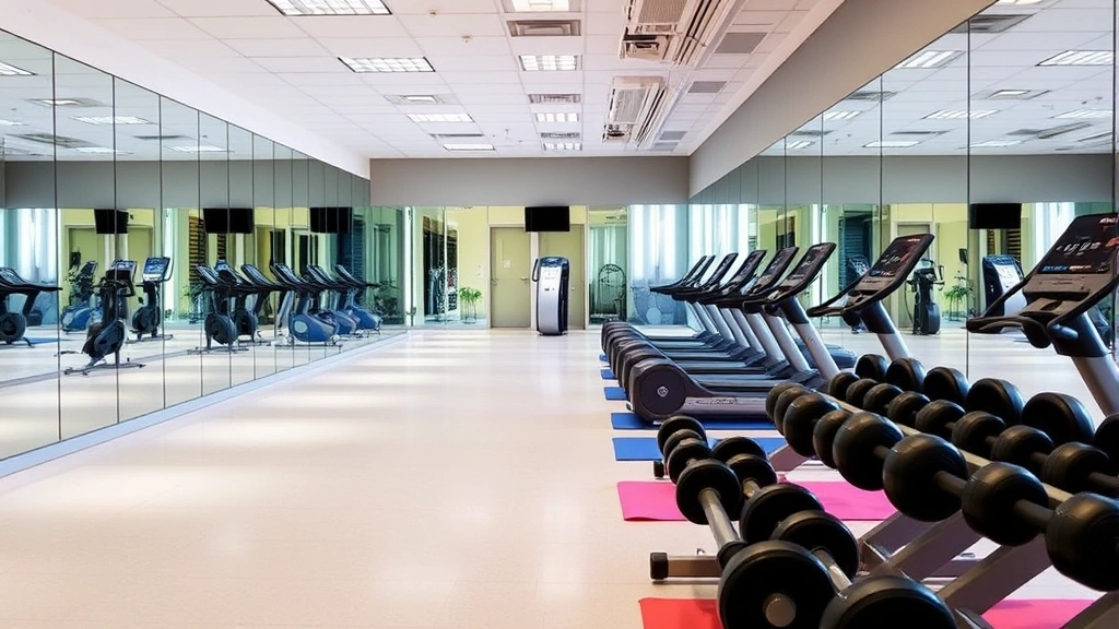 Bright fitness center with modern exercise equipment, full-length mirrors, contemporary lighting, clean flooring, welcoming atmosphere with yoga mats and free weights visible