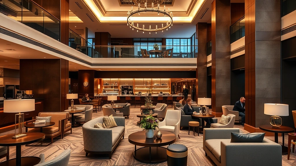 Upscale hotel lobby lounge area with comfortable seating, ambient lighting, contemporary furniture, coffee bar station, architectural design details, guests relaxing in sophisticated urban setting