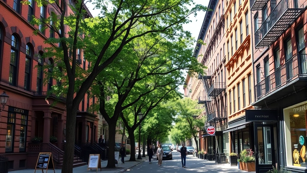 Modern Brooklyn neighborhood street scene with residential brownstone buildings, tree-lined sidewalk, local storefronts, pedestrians walking, natural daylight, urban residential feel