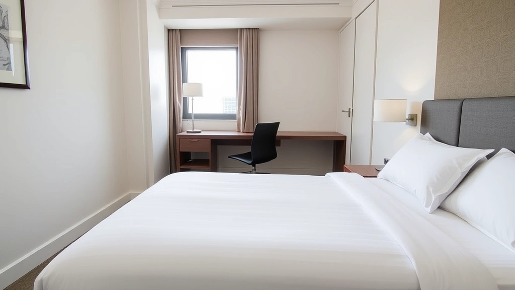 Clean contemporary hotel room interior with neatly made bed, work desk with lamp, window with natural light, minimal modern furnishings, neutral color palette