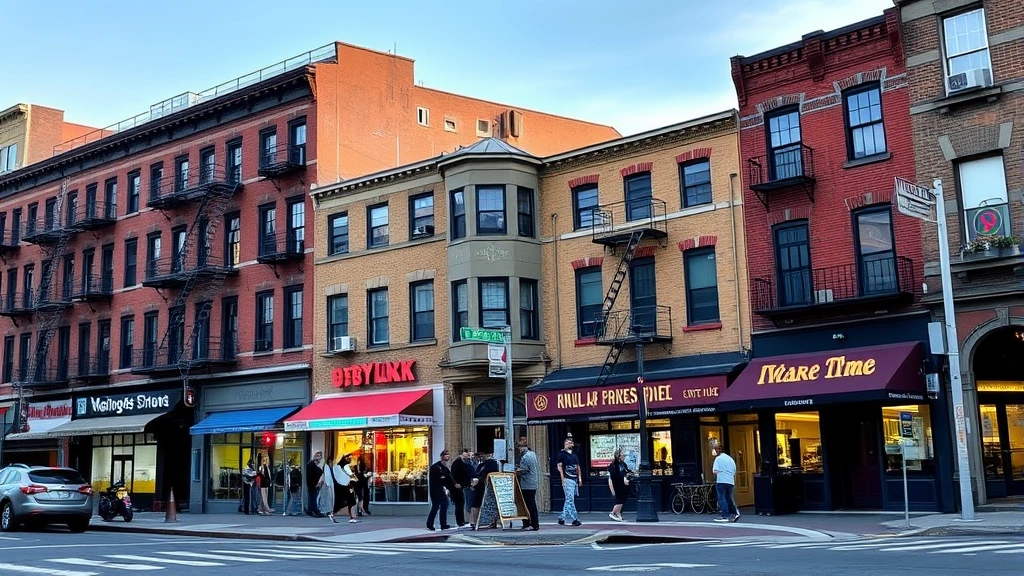 Brooklyn neighborhood intersection showing diverse local businesses, restaurants, street activity, transit station entrance, mixed-use urban residential district, daytime lighting