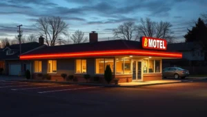 Budget motel exterior at dusk with parking lot, clean modern facade, well-lit entrance, residential neighborhood setting, photorealistic