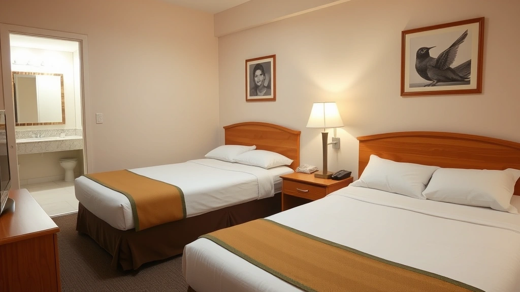 Simple motel room interior with two beds, basic furnishings, clean linens, modest lamp lighting, functional bathroom visible, photorealistic