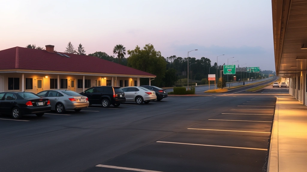 Motel parking area with several vehicles, clean asphalt, outdoor lighting, highway-adjacent location, clear signage in distance, photorealistic