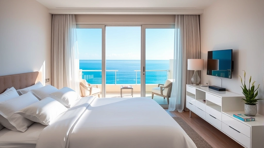 Modern Mediterranean hotel room with white bedding, balcony overlooking calm blue sea, contemporary furnishings, natural sunlight streaming through windows, luxury resort aesthetic