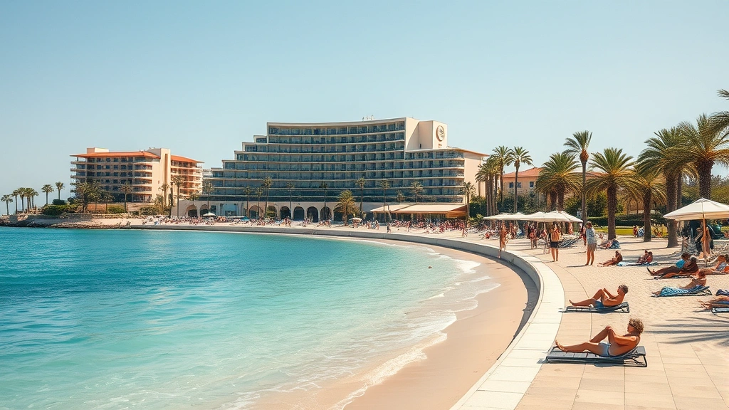 Beachfront promenade with Mediterranean waters, lounging guests on sandy beach near upscale hotel building, palm trees, azure water, vacation atmosphere, clear summer day
