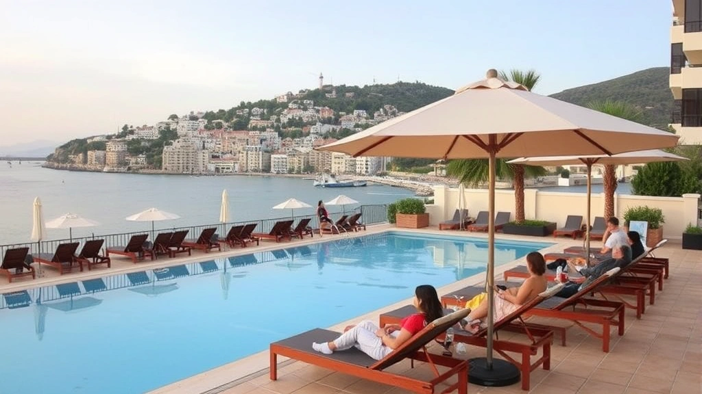 Hotel pool area with lounge chairs, umbrella, Mediterranean backdrop, guests relaxing, coastal town buildings visible, professional hospitality setting, vacation destination ambiance