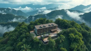 Aerial view of a modern hotel nestled in lush green cloud forest canopy, misty mountains in background, natural daylight, photorealistic