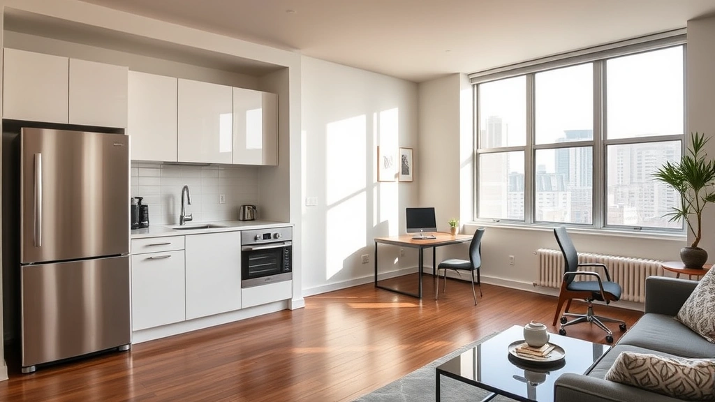 Modern furnished studio apartment with contemporary kitchen, full-size appliances, open floor plan with natural light from large windows, hardwood flooring, minimalist design with quality furnishings, workspace area with desk and chair visible
