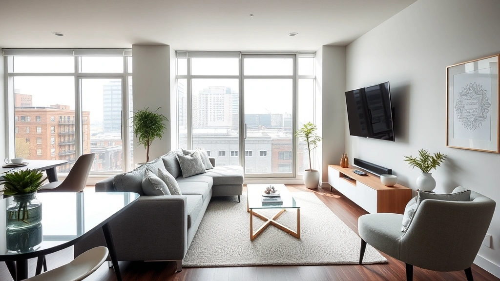 Spacious one-bedroom apartment living area featuring comfortable seating arrangement, flat-screen television mounted on wall, large windows overlooking urban neighborhood, contemporary décor, separate dining space, bright natural lighting throughout room