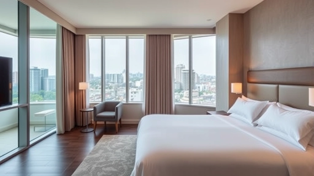 Modern hotel room with comfortable king bed, contemporary decor, floor-to-ceiling windows overlooking urban landscape, neutral color palette with warm lighting, fresh white linens, minimalist nightstands with reading lamps