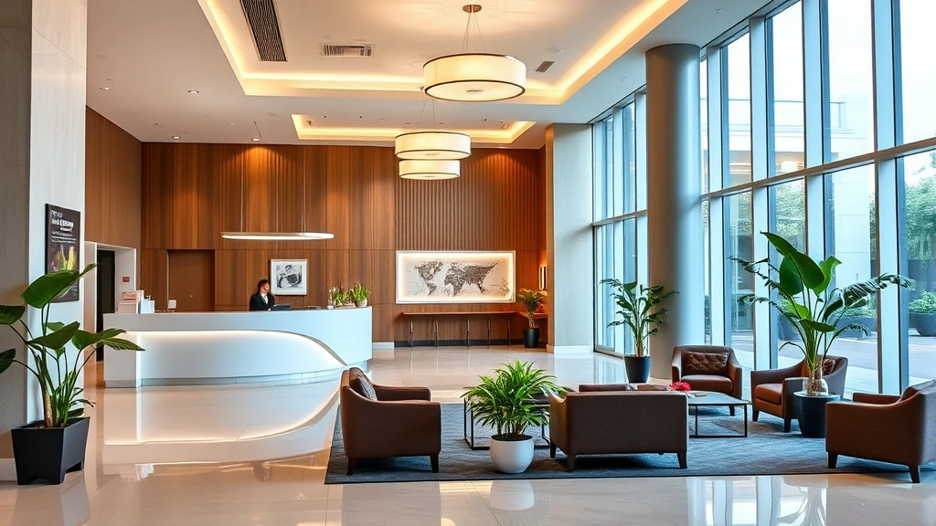 Bright hotel lobby with contemporary design, comfortable seating areas, professional check-in desk, modern lighting fixtures, potted plants, clean polished floors, welcoming atmosphere with natural light from large windows