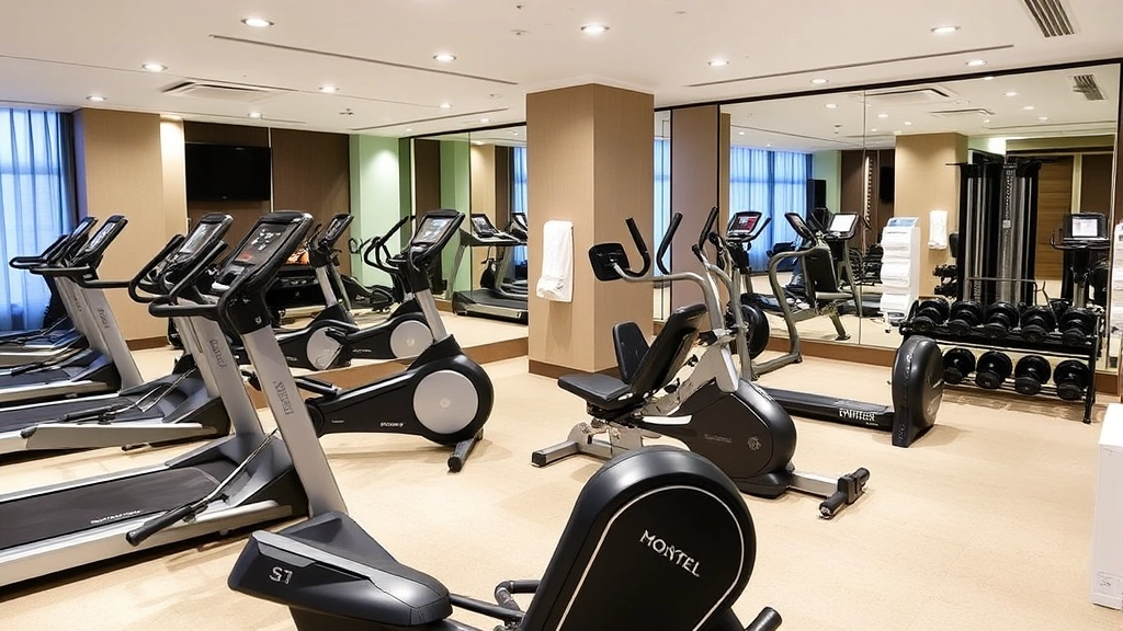 Hotel fitness center with modern cardio equipment, strength training machines, free weights, mirrors, clean flooring, bright lighting, well-organized layout, towel station, contemporary design aesthetic