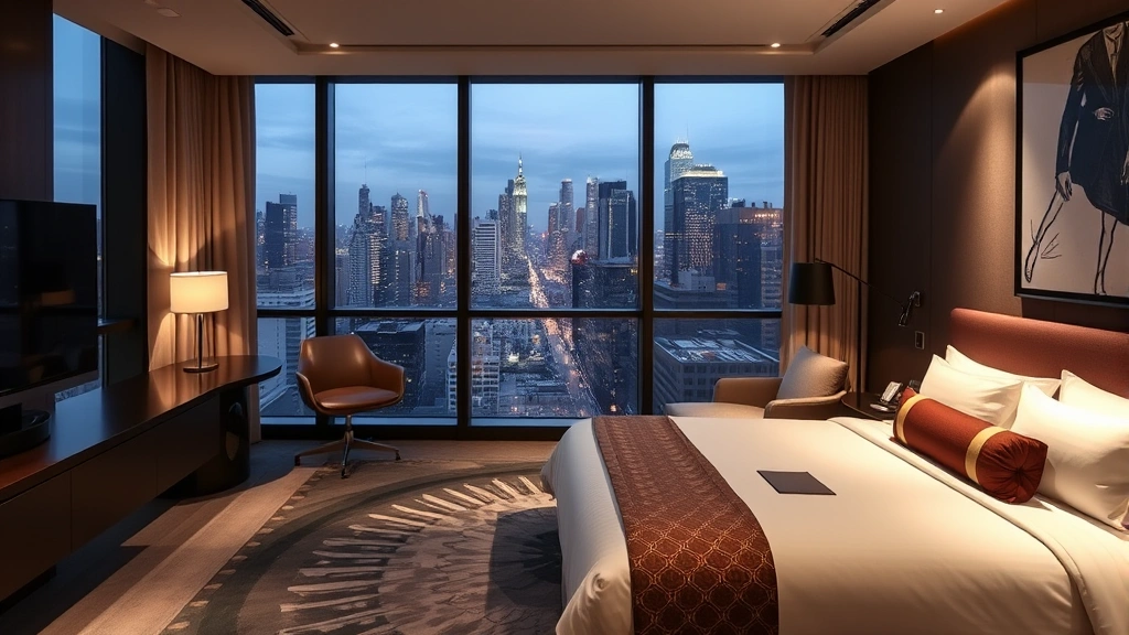 Modern luxury hotel suite with contemporary furnishings, premium bedding, and floor-to-ceiling windows overlooking urban skyline during daytime, showcasing elegant interior design and natural lighting