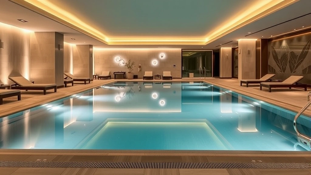 Upscale hotel spa and wellness center with indoor swimming pool, lounge seating, ambient lighting, and relaxation areas, featuring clean water and contemporary architecture with no people visible