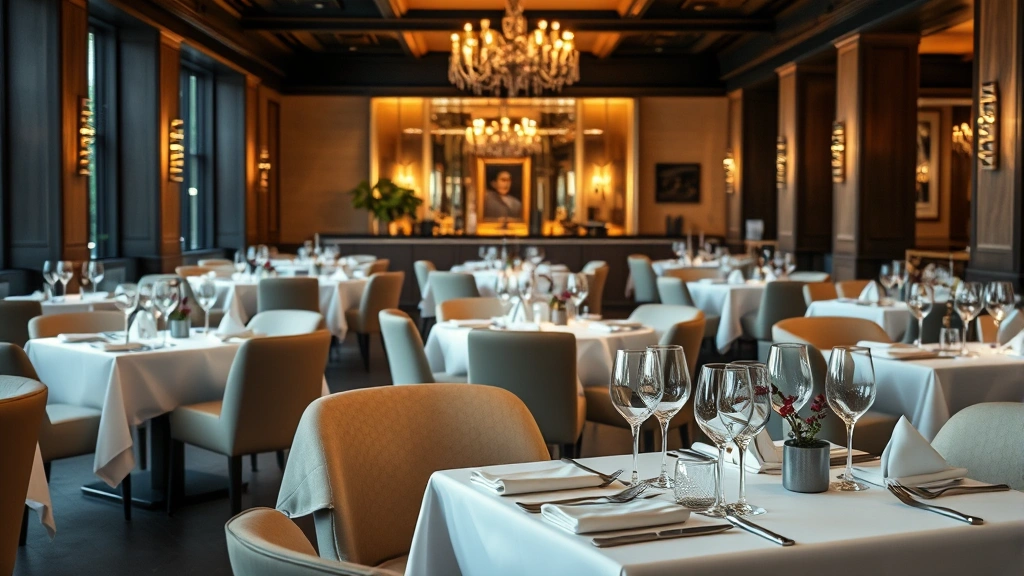 Fine dining restaurant interior with white tablecloths, elegant place settings, ambient candlelight, contemporary decor, and sophisticated atmosphere suggesting high-end culinary experience