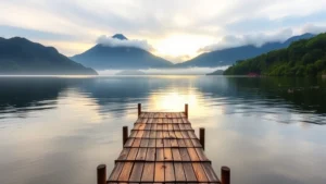 Serene lakeside view of Lake Atitlán with volcanic peaks in morning mist, traditional wooden dock extending into calm water, lush green hillsides, no people visible, golden sunrise light reflecting on water surface