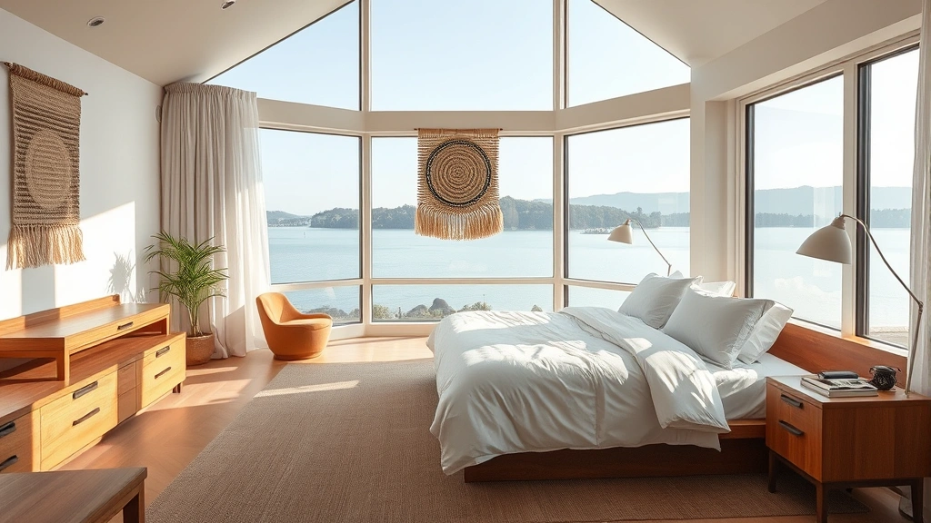 Spacious hotel room with large windows overlooking lake, modern comfortable bed with white linens, traditional woven textile wall hanging, wooden furniture, natural light streaming in, clean minimalist design aesthetic