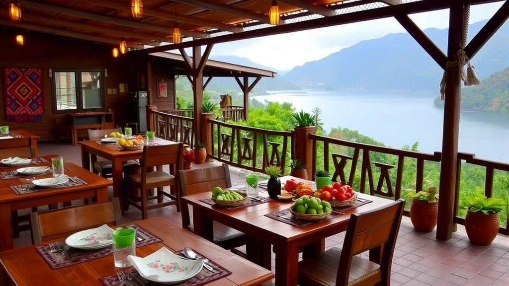 Outdoor terrace dining area with wooden tables set for meal service, fresh local vegetables and fruits displayed, Lake Atitlán visible in background, indigenous textile decorations, natural lighting, peaceful serene atmosphere