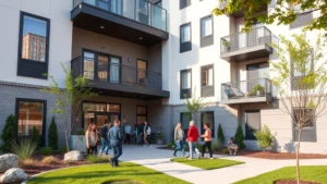 Modern affordable apartment building exterior with contemporary architecture, diverse residents entering, well-maintained landscaping and community spaces, daytime lighting, welcoming entrance with clear pathways
