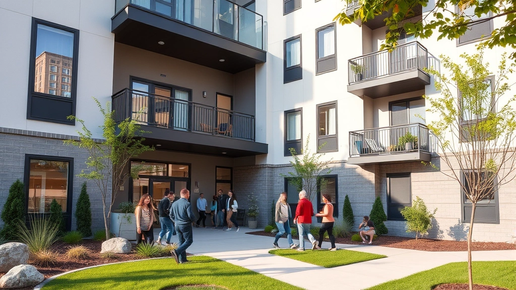Modern affordable apartment building exterior with contemporary architecture, diverse residents entering, well-maintained landscaping and community spaces, daytime lighting, welcoming entrance with clear pathways