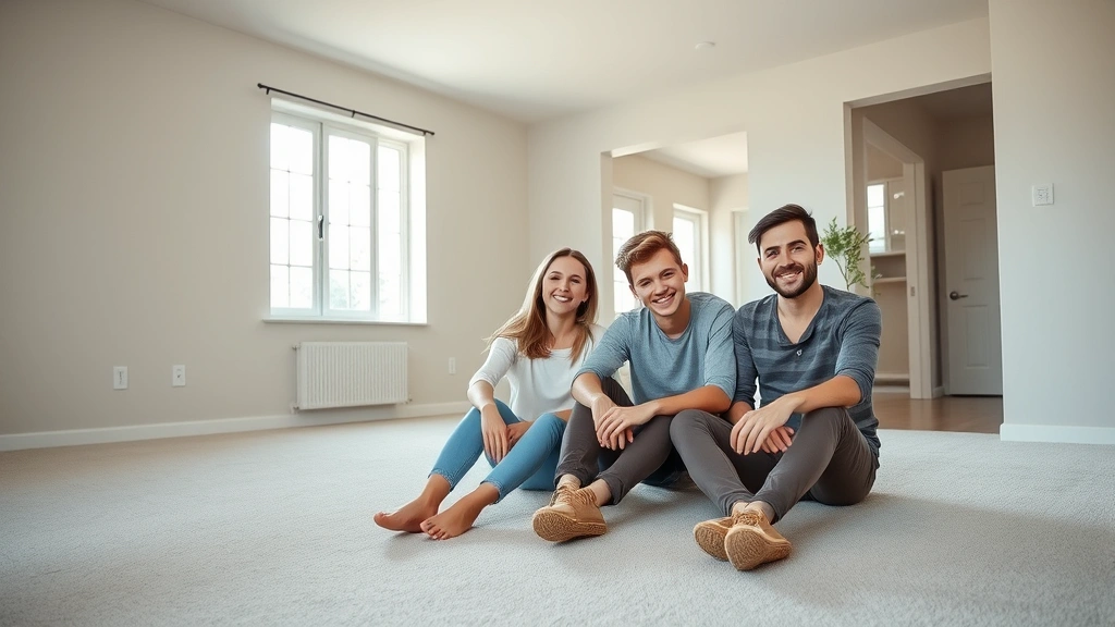 Young family sitting in empty living room of modest home during walkthrough, natural light from windows, clean carpeting, neutral walls, open floor plan visible, genuine expression of hope and possibility