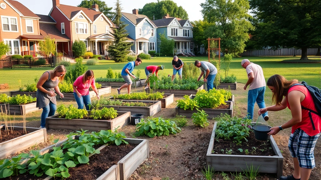 Community garden in residential neighborhood with raised beds, diverse residents tending plants, affordable townhouses visible in background, green space with benches, peaceful suburban setting, natural afternoon lighting
