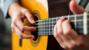 Close-up of guitarist hands demonstrating fingerpicking technique on acoustic guitar, fingers positioned on fretboard showing proper form and hand position for classical fingerpicking style
