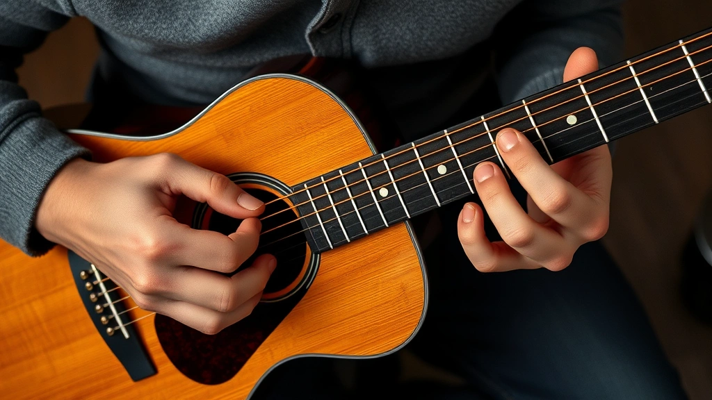 Overhead view of guitarist hands playing acoustic guitar during verse section, showing smooth chord transitions with clean finger placement and relaxed wrist position