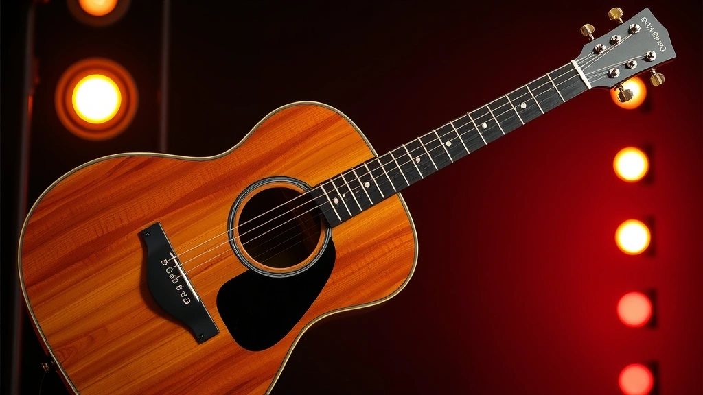 Professional acoustic guitar positioned against warm studio lighting, showing full instrument with visible fretboard detail and natural wood grain, emphasizing the guitar used for classic rock performances