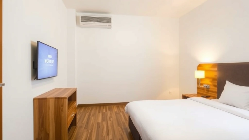 Comfortable budget hotel bedroom with clean white bedding, modern flat-screen TV, and simple wooden furniture. Soft warm lighting from bedside lamps. Minimalist design with comfortable atmosphere. No visible room numbers, signs, or text.