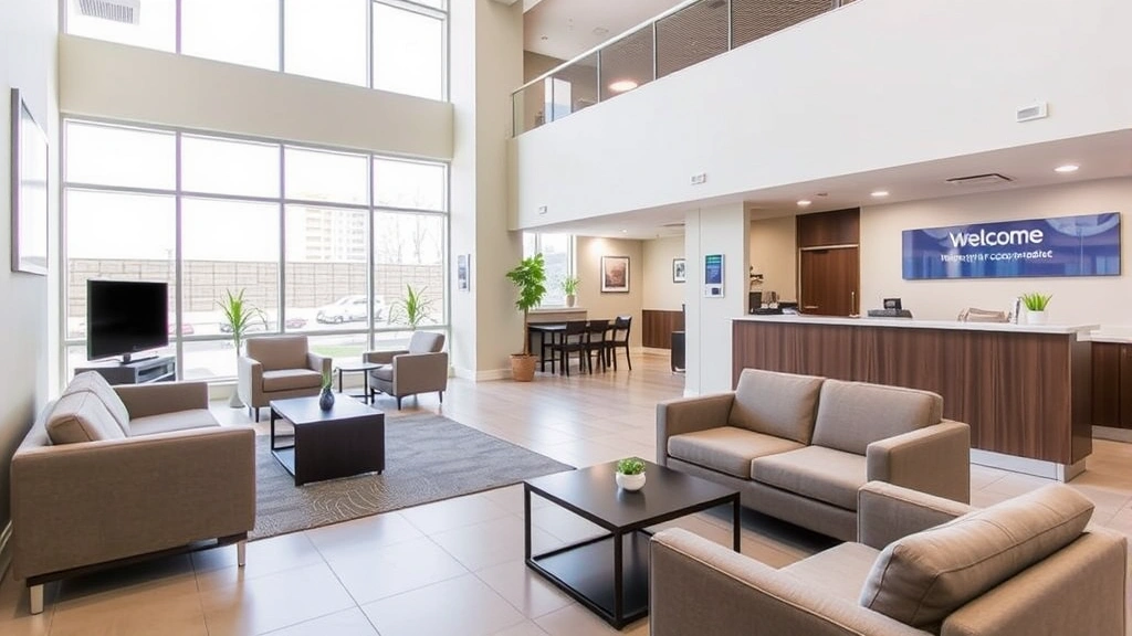 Modern hotel lobby with comfortable seating area, welcoming reception desk, and bright natural lighting from large windows. Contemporary furnishings in neutral tones. Clean, well-maintained space suggesting quality budget accommodation. No visible signage, text, or identifying information.